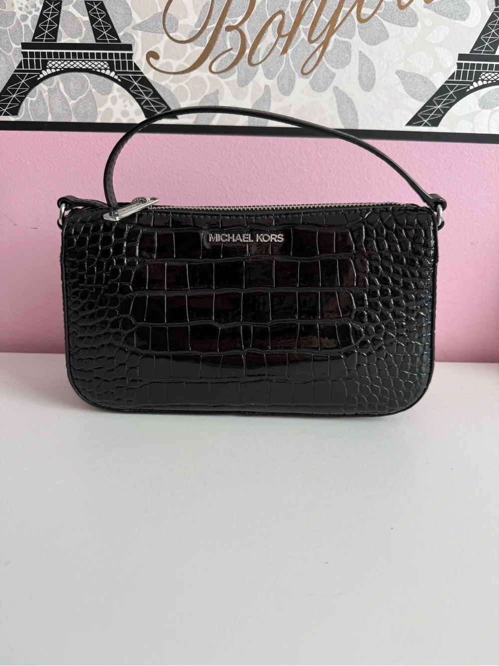Michael Kors Black Croc-Embossed Mini Top-Handle Bag